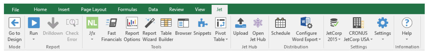 Jet Report Ribbon in Excel for business central
