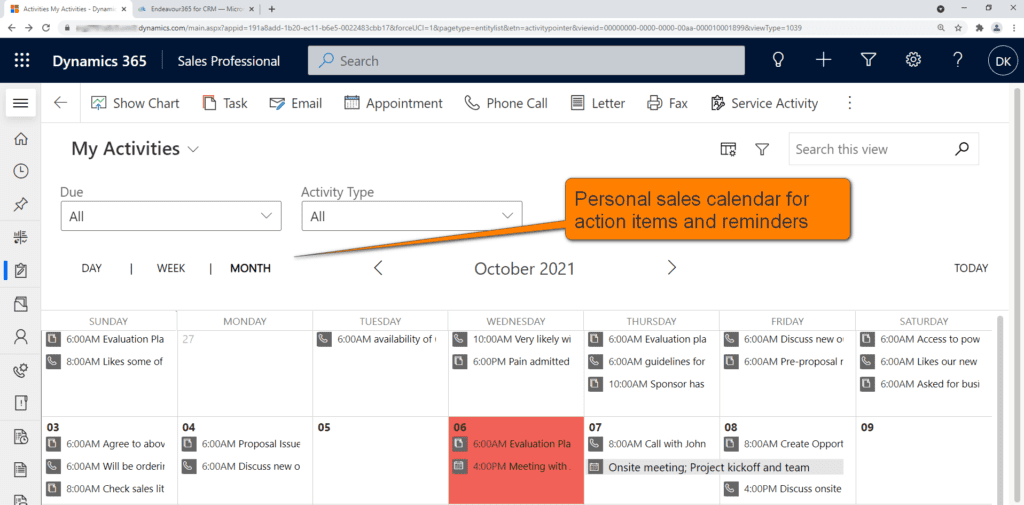 Dynamics 365 sales calendar