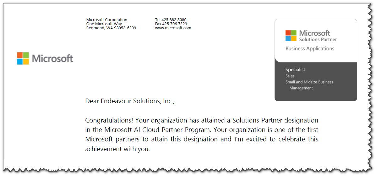 2023 Microsoft AI Cloud Solutions Partner for Business Applications certificate